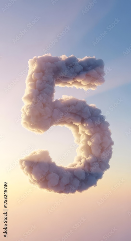 Naklejka premium Cloud Number Five Fluffy White Clouds Floating in Blue and Yellow Sky