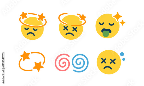 Colorful dizzy and sick emoji collection with stars and spirals