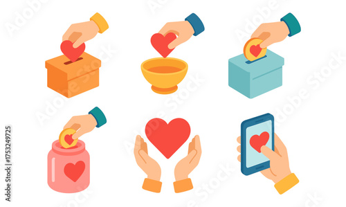 Isometric charity icons: hands, hearts, and donation boxes in modern style