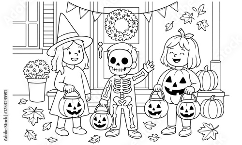 Kids in halloween costumes trick or treating with pumpkins on porch