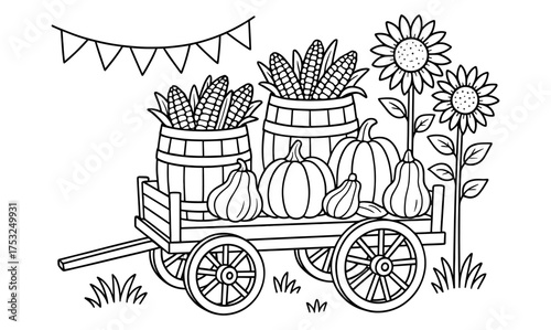 Autumn harvest wagon with pumpkins and sunflowers in black and white