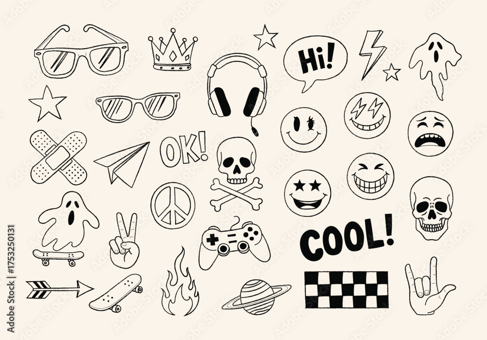 Fototapeta premium Hand drawn doodles create a fun, whimsical pattern with diverse icons and transparent background