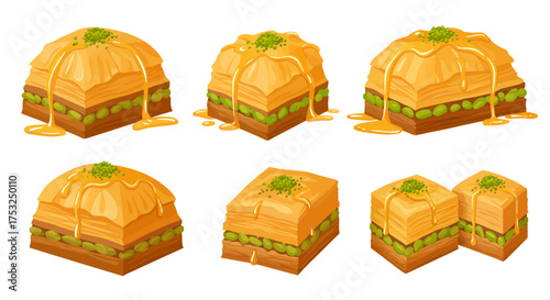 Flat vector illustration of baklava dessert pieces with pistachio and honey, isolated on white background.