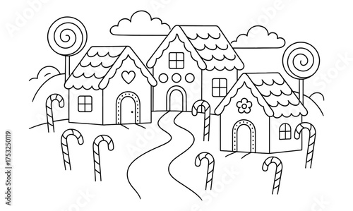 Charming candy land coloring book page with whimsical gingerbread houses