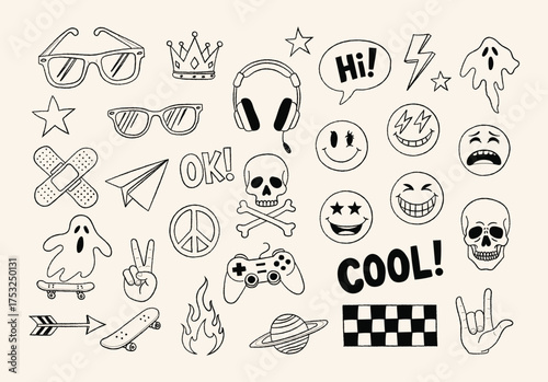 Hand drawn doodles create a fun, whimsical pattern with diverse icons and transparent background