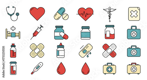 Colorful medical and healthcare icons set with stethoscope and heart symbols