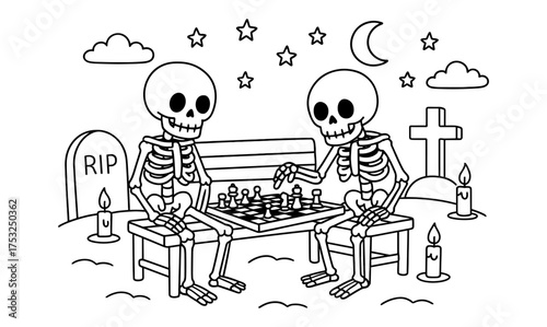 Skeletons playing chess in a spooky graveyard under moonlit sky