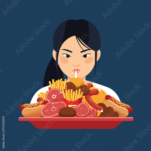 Woman with overwhelming plate of unhealthy food