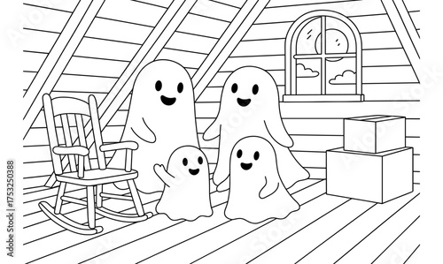 Cute cartoon ghost family in attic black and white coloring page for halloween fun