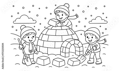 Kids building igloo in snow with smiles and shovels in winter wonderland scene