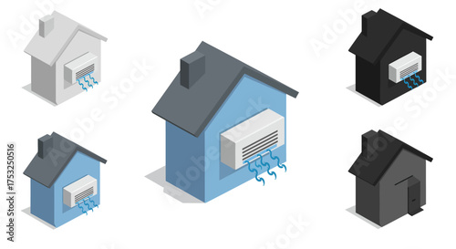 Isometric air conditioner on house icons in various colors