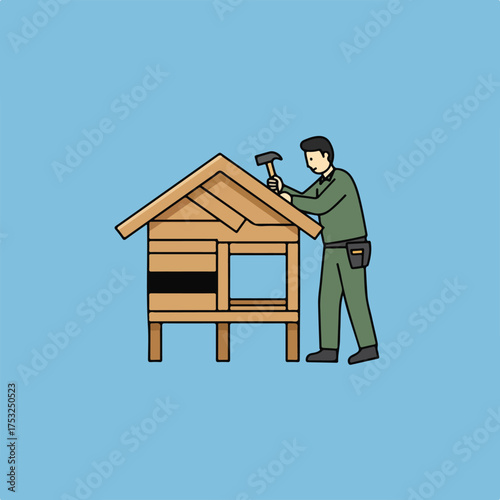 Man in work clothes hammers nails into a wooden structure under a blue sky