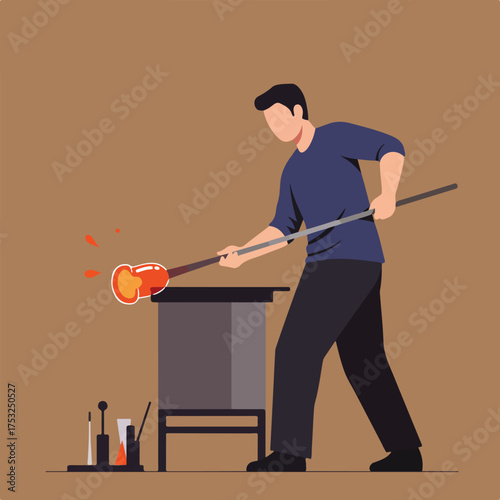 A craftsman shapes molten glass on a blowpipe at a workstation