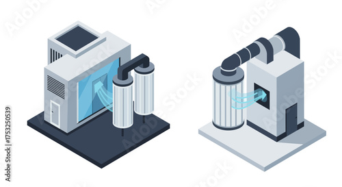 Isometric air filtration system design with modern industrial elements
