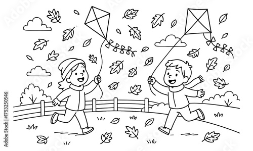 Children flying kites in autumn park black and white outline