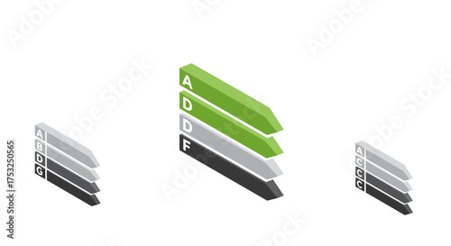 Isometric 3d alphabet tiered chart with gradient letters and colors