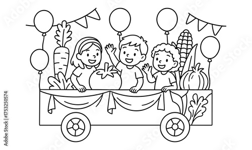 Kids celebrating harvest festival on decorated wagon with balloons and vegetables