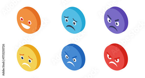 Colorful isometric emojis depicting various emotions on round faces