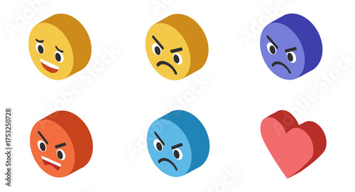 Colorful isometric emoticons with varied expressions and heart shape