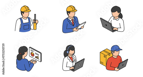 Isometric work icons: diverse professions in digital and field environments