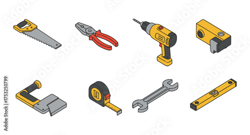 Set of isometric hand tools for construction and repair projects