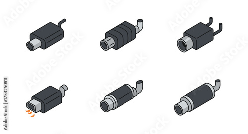Set of isometric car exhaust icons featuring different styles and designs