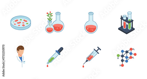 Science icons: lab equipment and chemistry elements in flat design