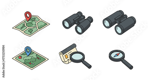 Isometric navigation icons: maps, binoculars, magnifying glass, compass
