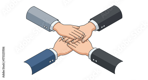 Business teamwork and unity depicted through four interlocked hands in flat d…