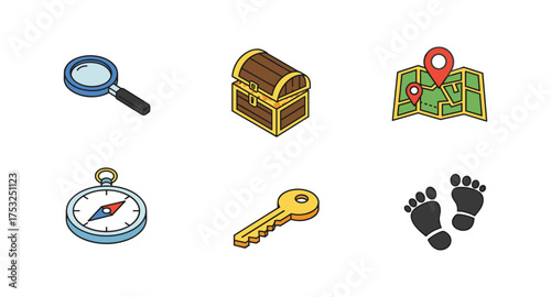 Colorful icons set: adventure and exploration tools