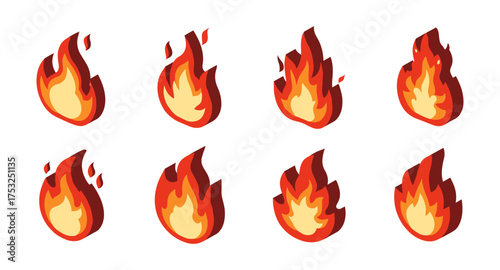 Set of isometric cartoon flame icons in various styles and shapes