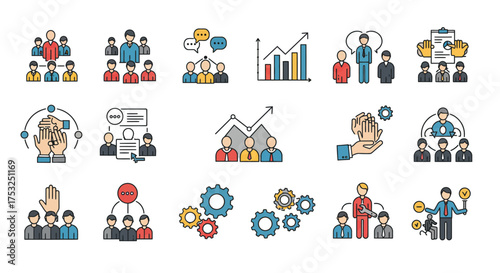 Isometric teamwork and business management icons for effective communication…