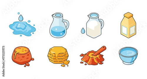 Colorful collection of liquid and food icons in isometric style