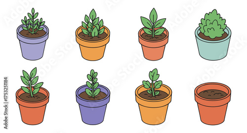Colorful potted plants collection with simple flat designs for home decor