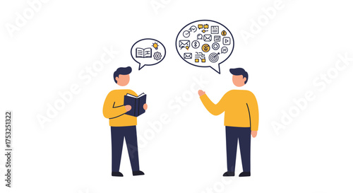 Business communication concept with people discussing ideas and technology icons
