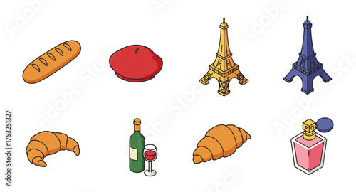 French icon set: eiffel tower, baguette, croissant, beret, wine and perfume