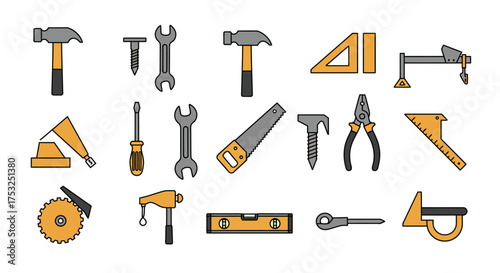 Flat design construction tools icons set with hand tools and equipment