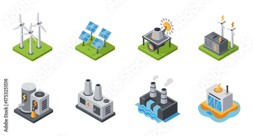 Isometric renewable and conventional energy icons featuring solar, wind, and factory elements