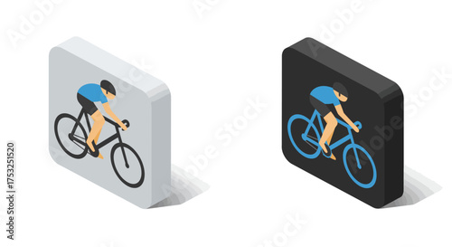 Isometric cycling icon set featuring two modern bicyclists in motion