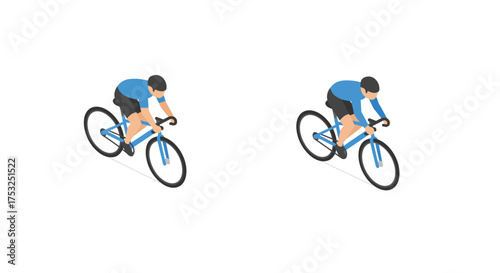 Isometric cyclists in motion on bicycles with blue jerseys and black shorts