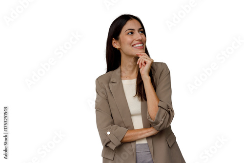 Confident businesswoman smiling, thinking about future success and opportunities with hand on chin, transparent background