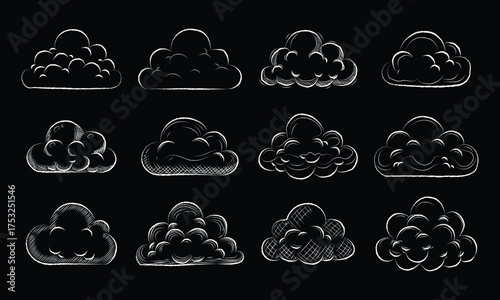 Variety of twelve white sketched clouds displayed on a plain black background create weather mood