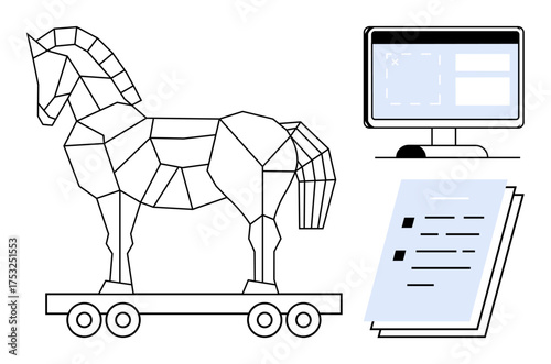 Geometric Trojan horse on wheels, computer screen with interface, and stack of documents. Ideal for cybersecurity, malware, online threats, data protection, hacking, IT security online privacy