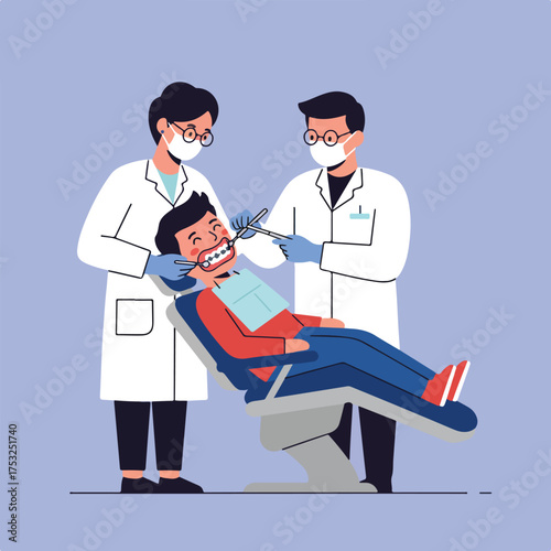 Two dentists examine a patient's teeth in a modern clinic