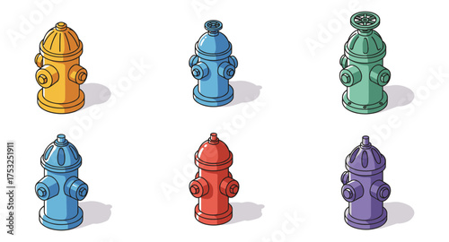 Colorful isometric fire hydrants set in various shades and designs