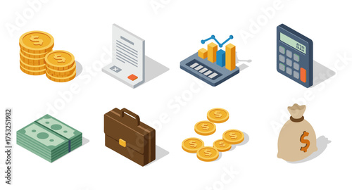 Isometric financial icons set: money, graphs, and calculator