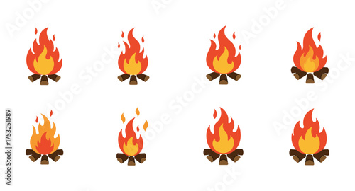 Various campfire designs: colorful flames in simple style