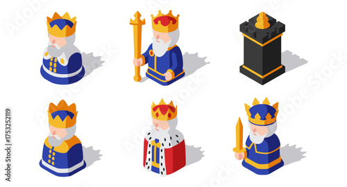 Isometric chess king icons set with royal crowns and thrones