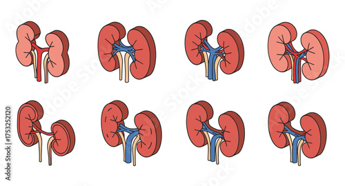 Detailed kidney anatomy diagram set for medical education