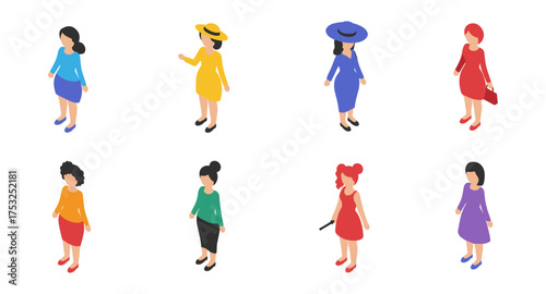 Diverse female characters in colorful fashion outfits on white background